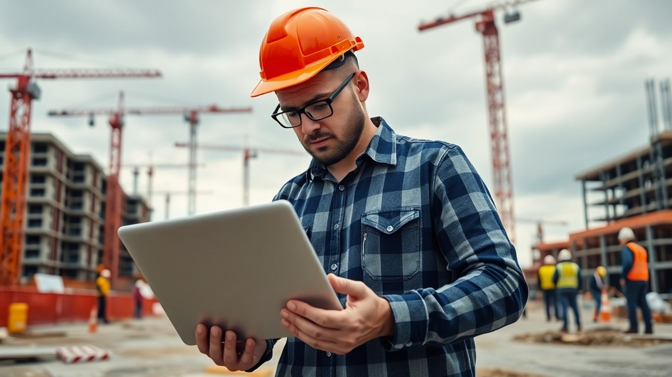 Construction manager checking laptop for scam warning onsite
