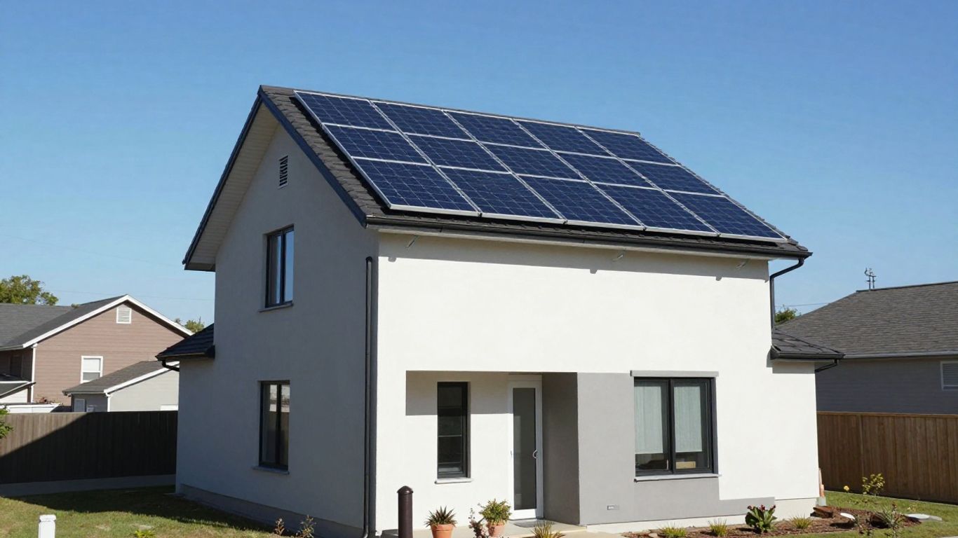 House with solar panels under a blue sky.