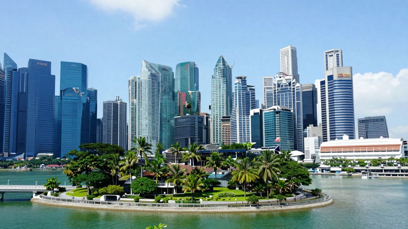 Singapore skyline and tropical island coast