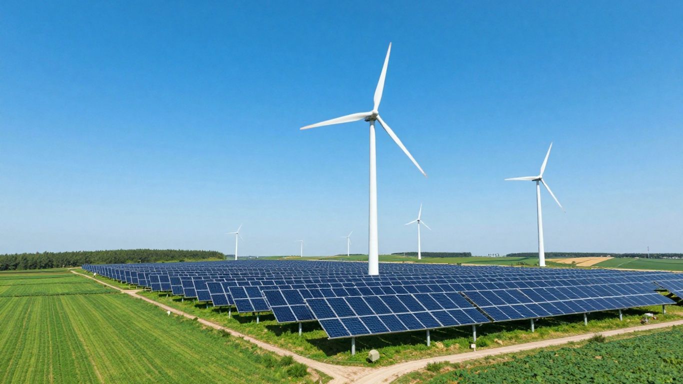 Turbine eoliene și panouri solare pe un câmp verde.