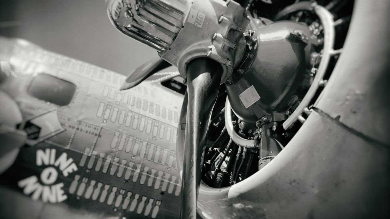 grayscale photo of airplane engine