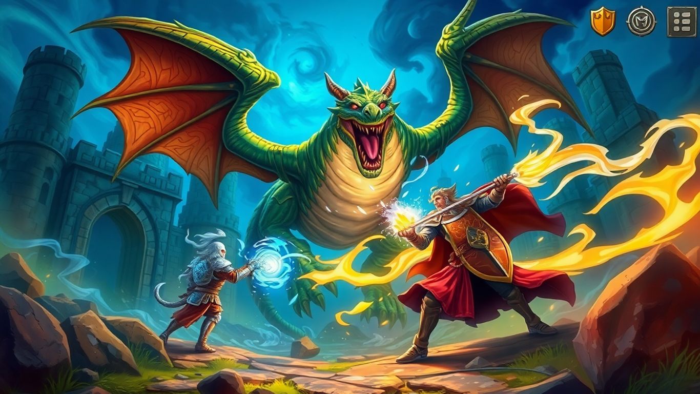 Knight fighting dragon in fantasy RPG game.
