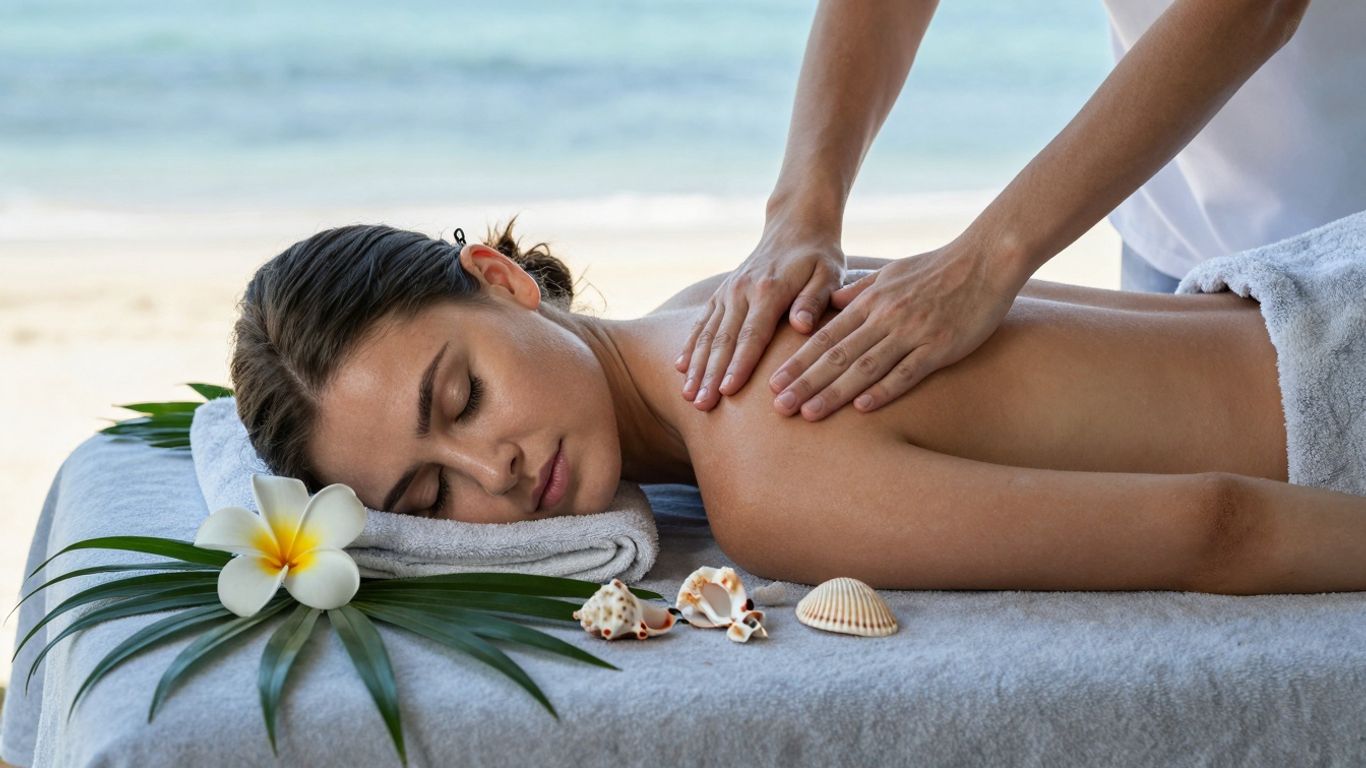 Woman enjoying a relaxing spa treatment with ocean-themed decor.