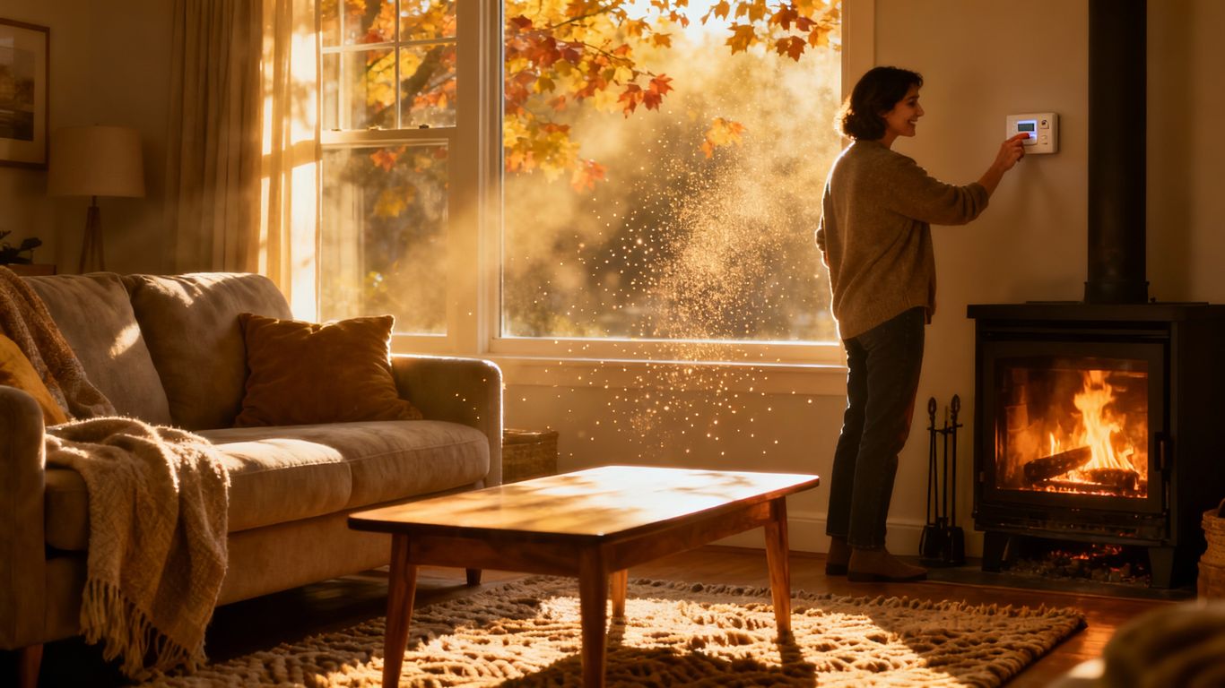 Homeowner saving energy in fall with fireplace and thermostat.