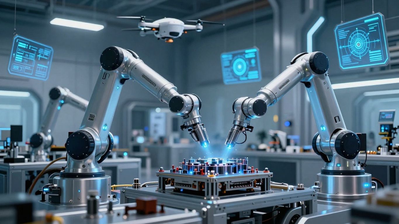 Robotic brațe asamblând componente într-o fabrică modernă.