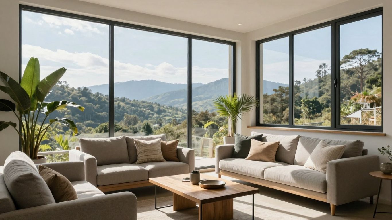 Modern Airbnb interior with scenic view and natural light.