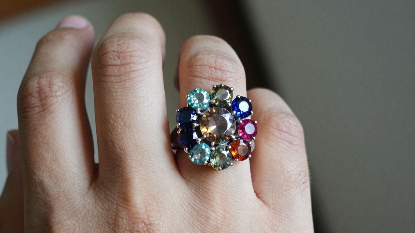 Man's hand with a Navaratna gemstone ring.