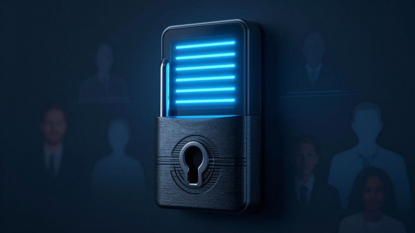 Digital lock with glowing lines and people silhouettes.
