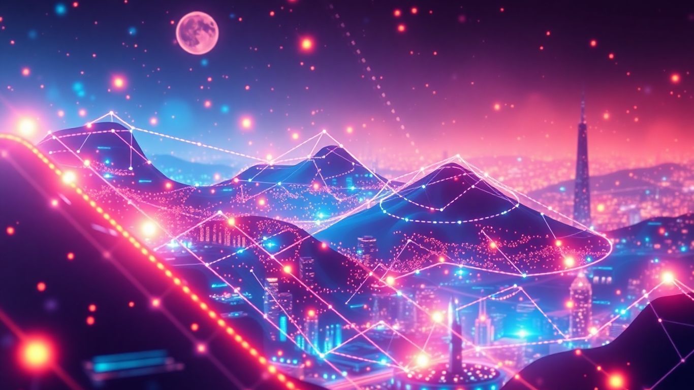 Cryptocurrency future landscape with glowing geometric shapes.
