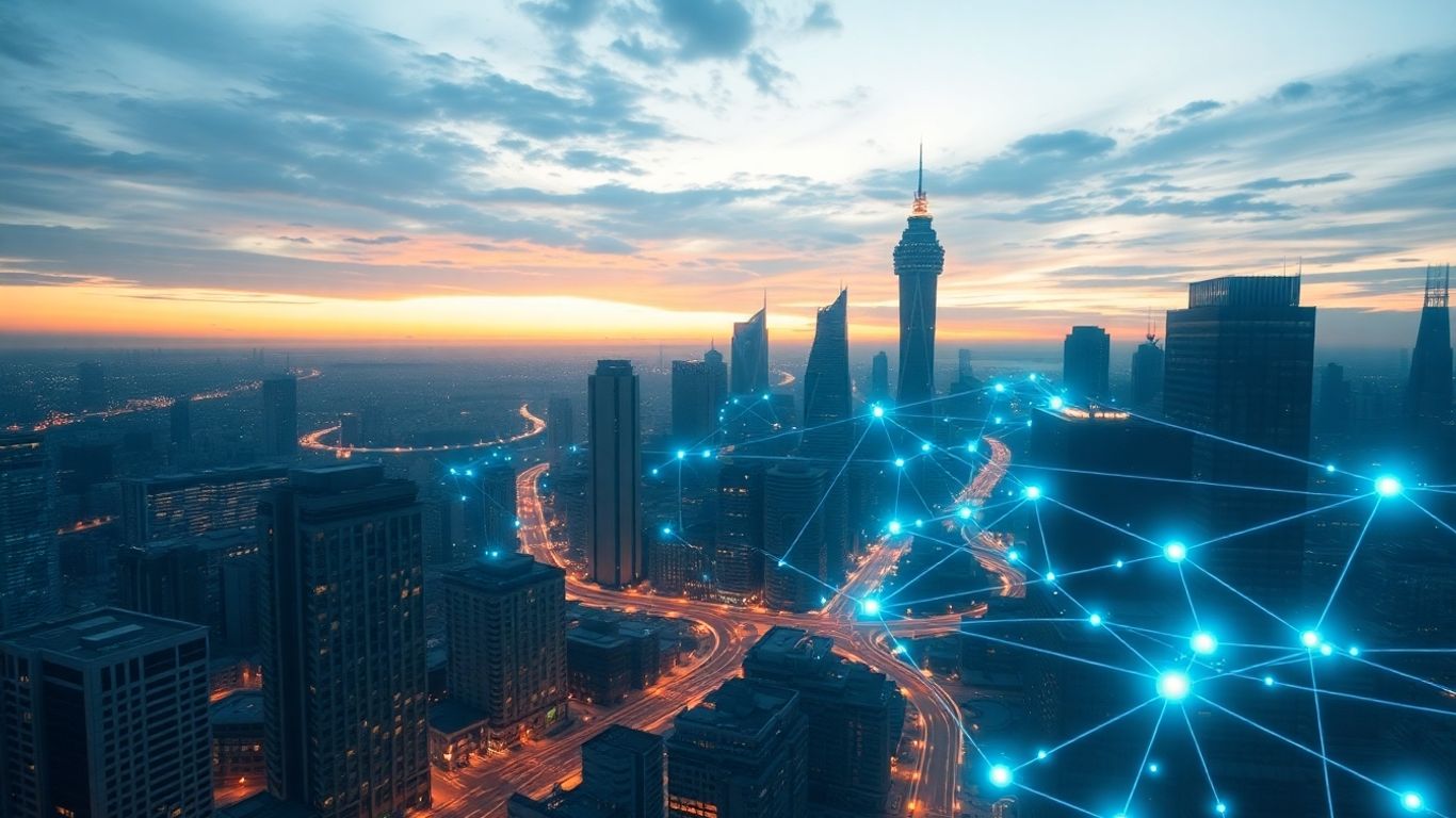 Futuristic cityscape with glowing digital pathways and AI network overlay.