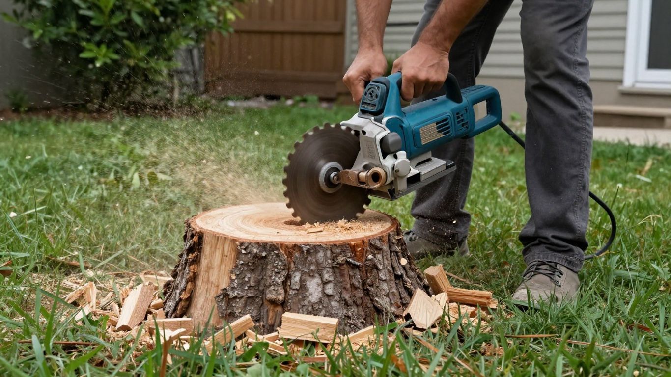 Stump grinder removing a large tree stump from a yard.