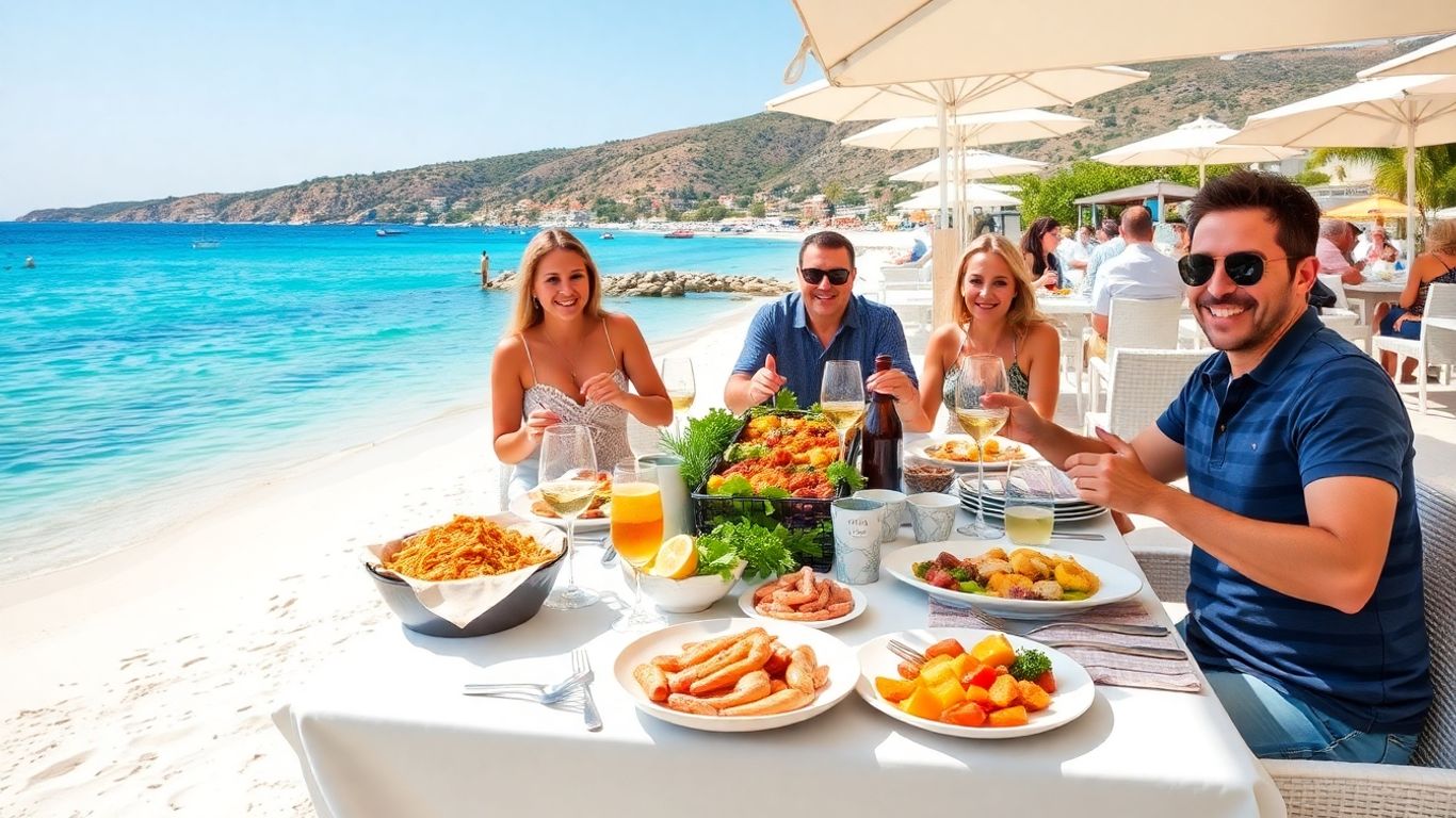 Beachfront Croatian resort buffet with seafood and happy guests