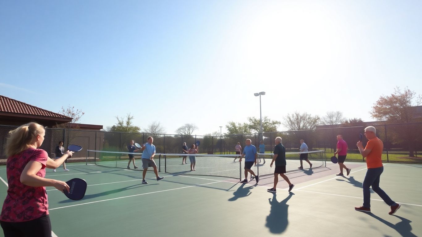 Pickleball players enjoying a sunny game on an outdoor court.