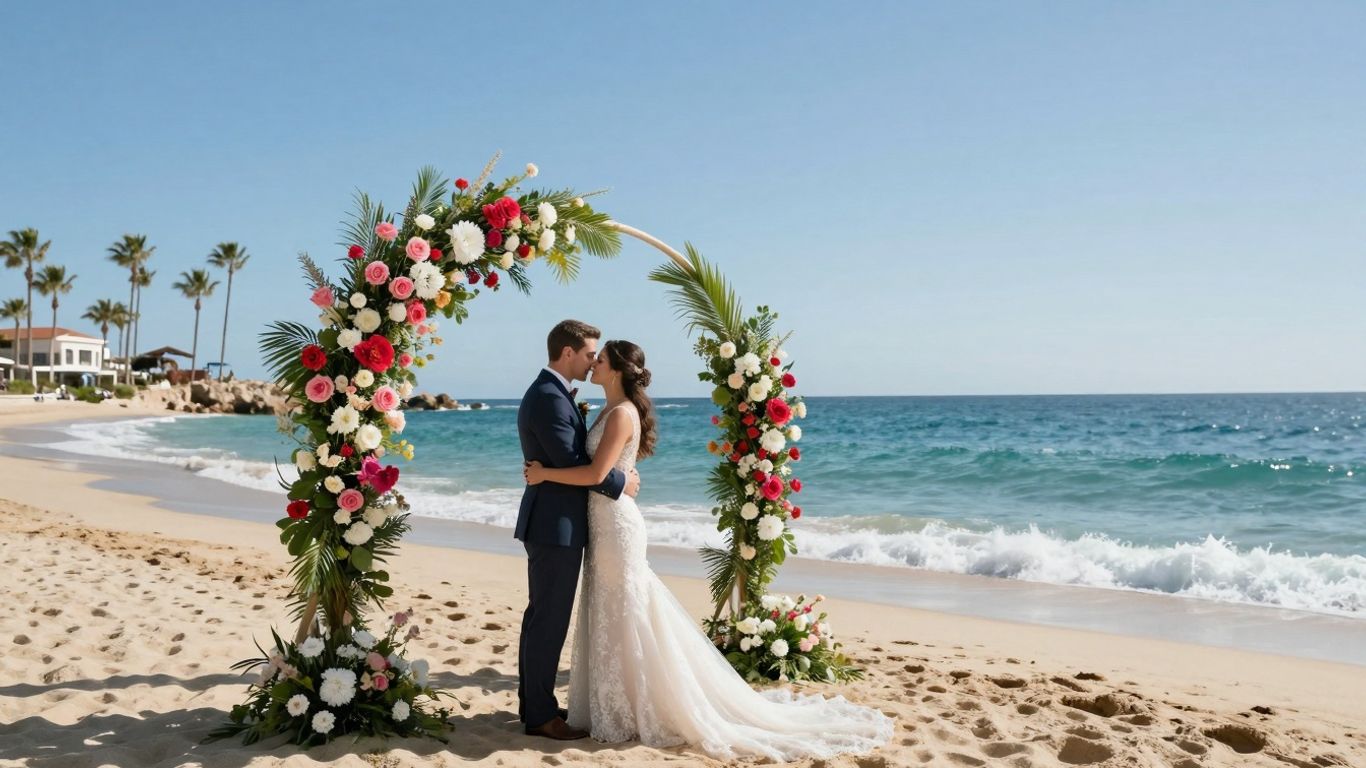 Couple on a beach at a Cabo wedding.