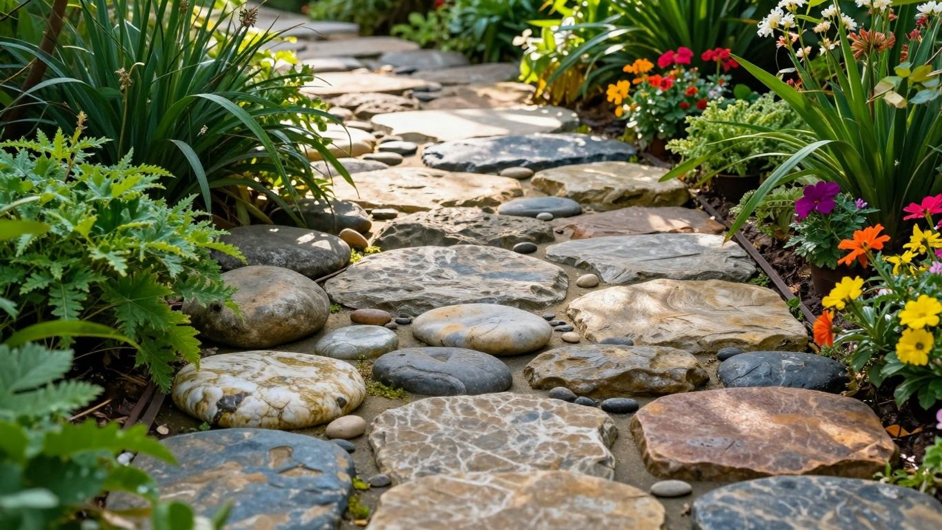 Tuinpad met diverse natuurstenen en groen