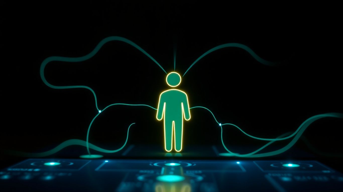 Human silhouette connecting with a glowing digital interface.