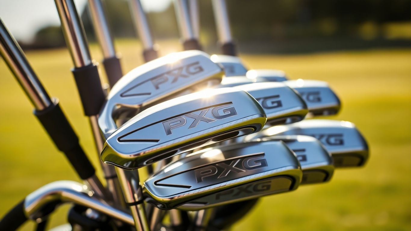 PXG golf club set with gleaming metal heads.