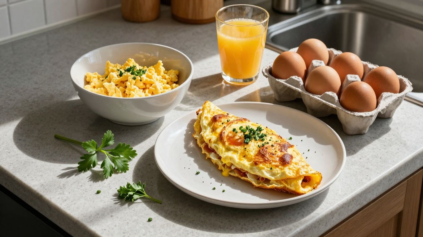 Healthy breakfast with eggs, herbs, and orange juice.