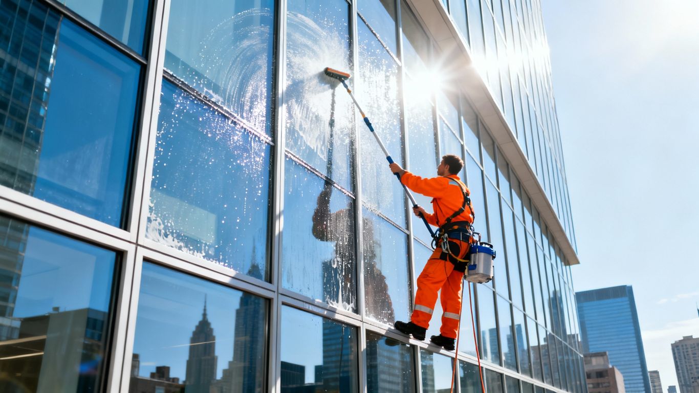 Profesionálne umývanie okien na výškovej budove.
