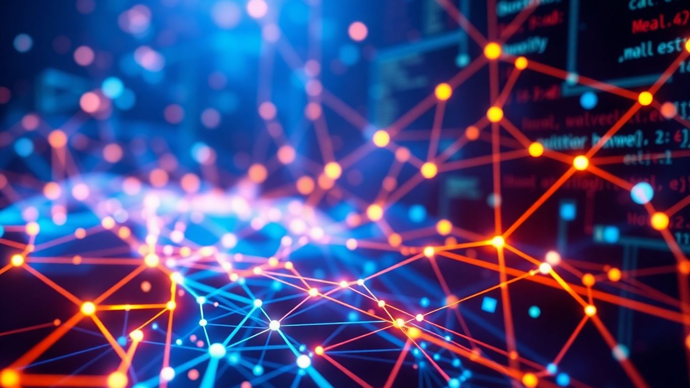 Digital landscape with abstract code structures and web applications.