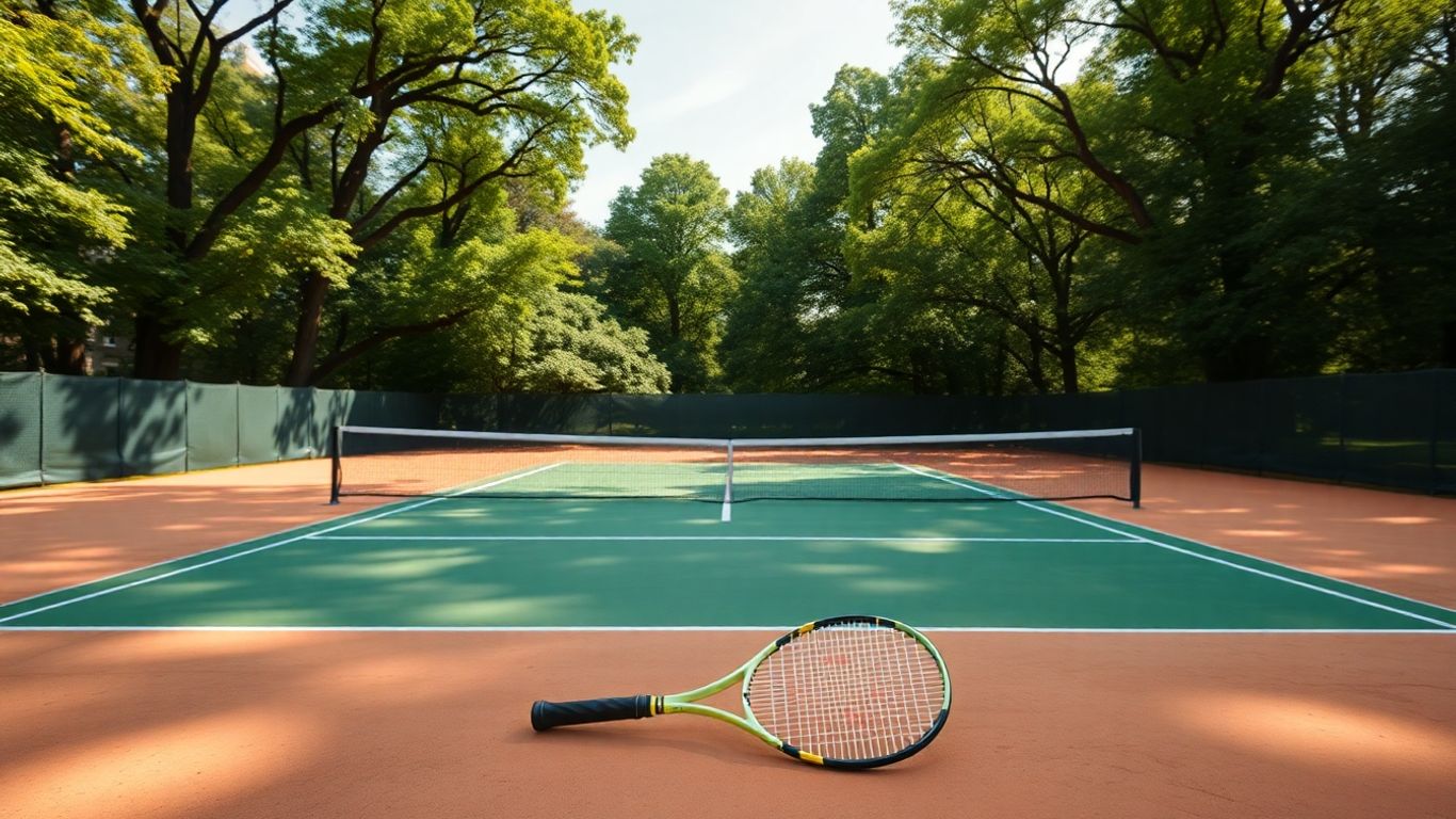 Central Park tennis court with rackets and nets.