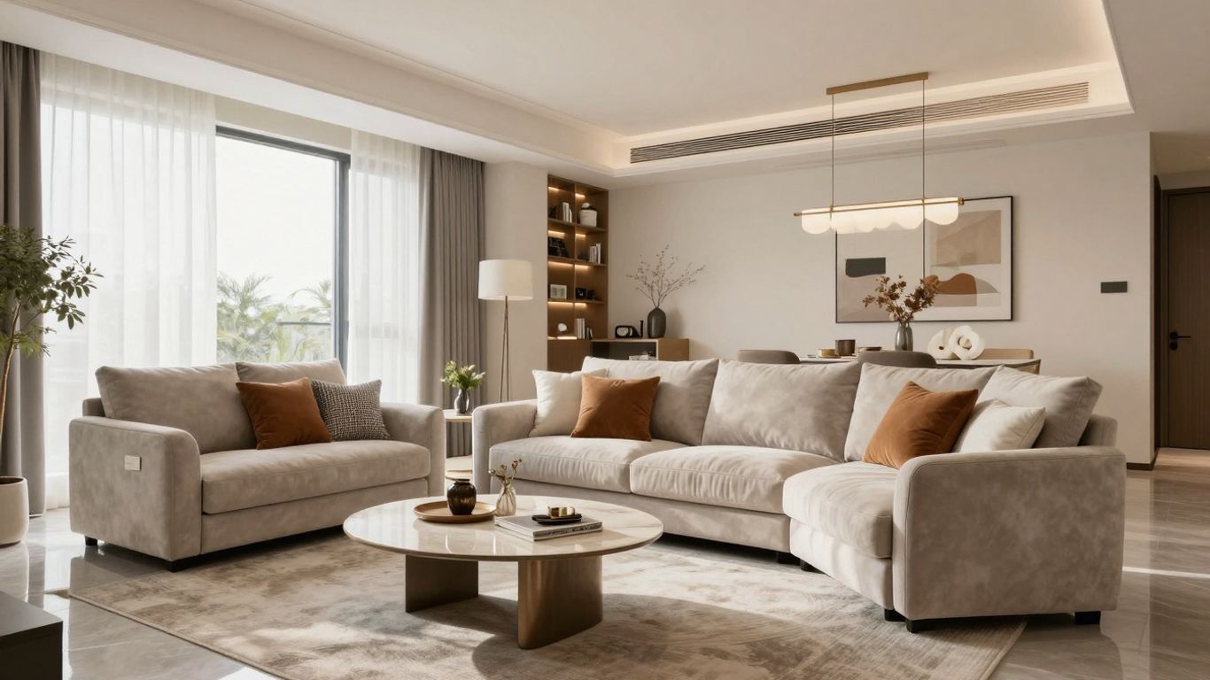 Modern furnished living room with sofas and dining area.