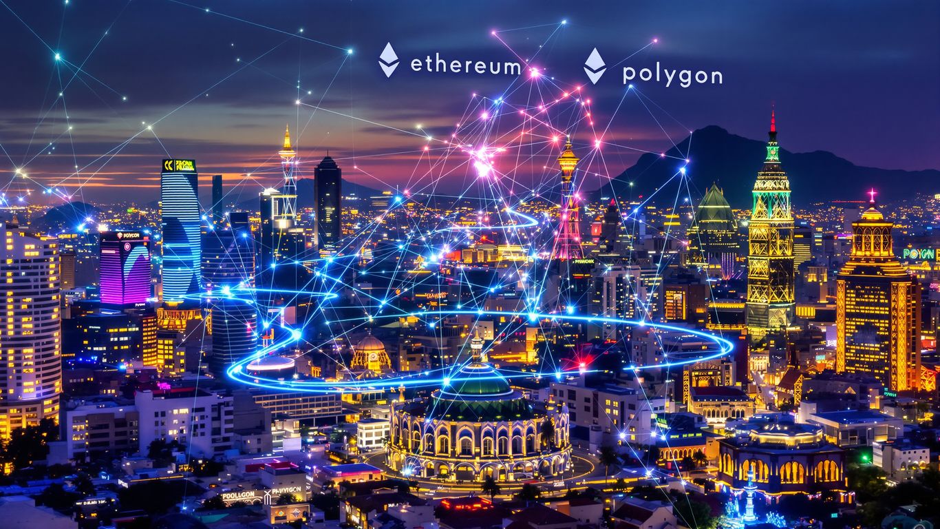 Latin America cityscape with Ethereum and Polygon digital connections.
