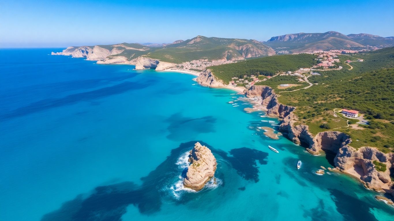 Corsica coastline with cliffs, blue sea and villages