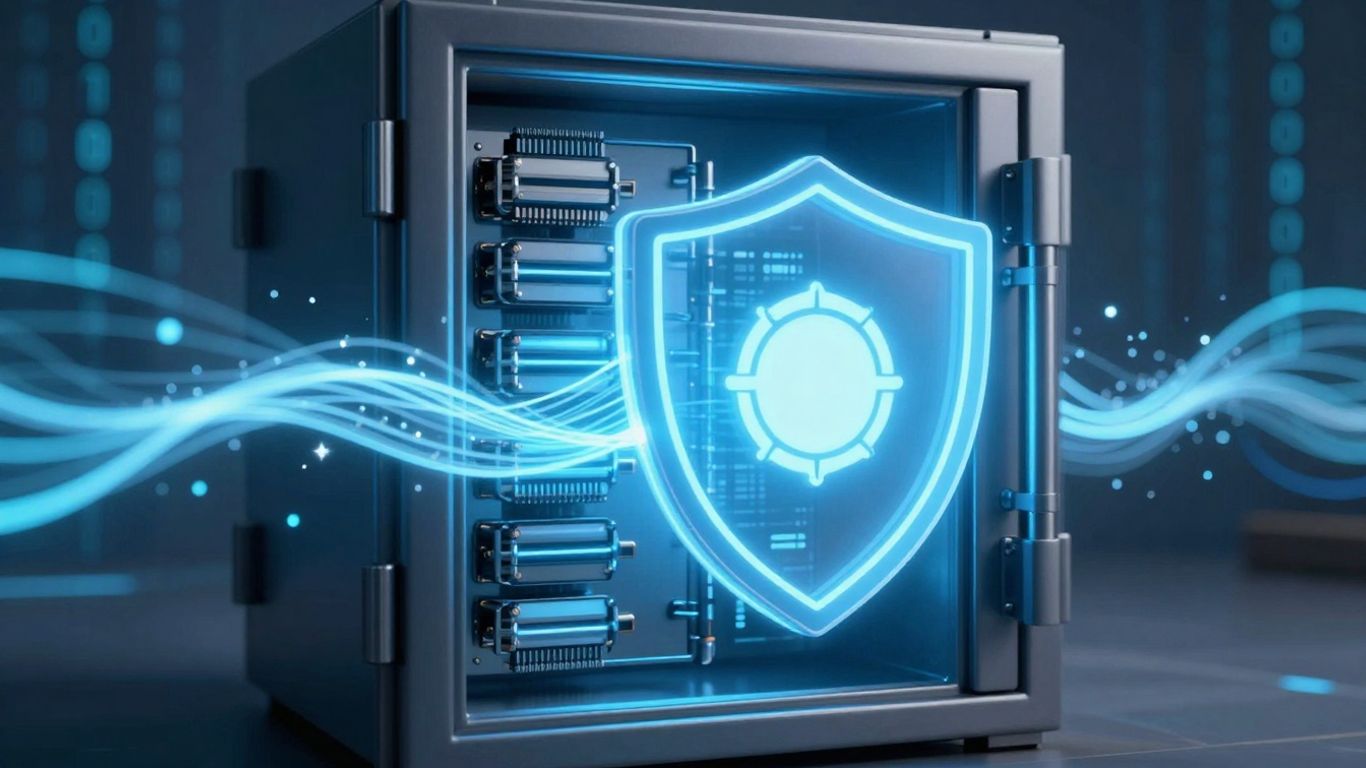 Secure digital vault protecting data streams with a shield.