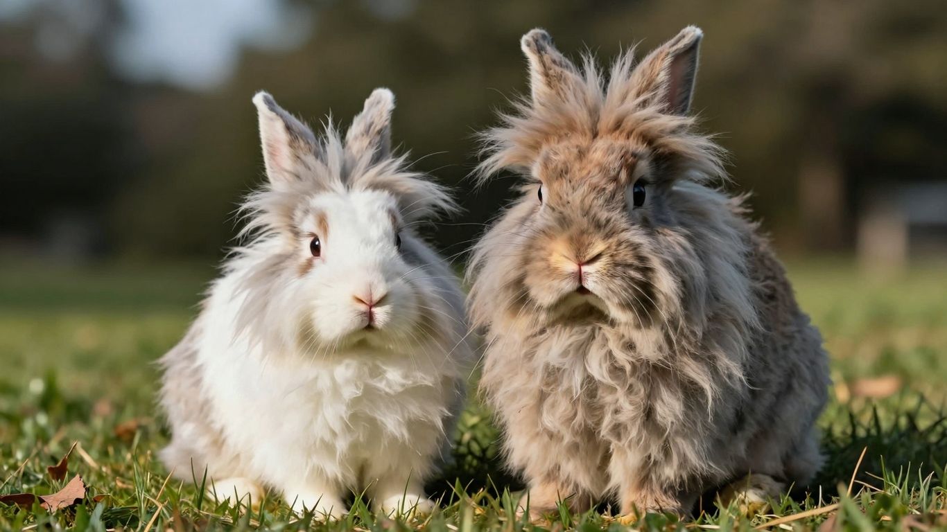 Two Lionhead rabbits, male and female, in a grassy field.