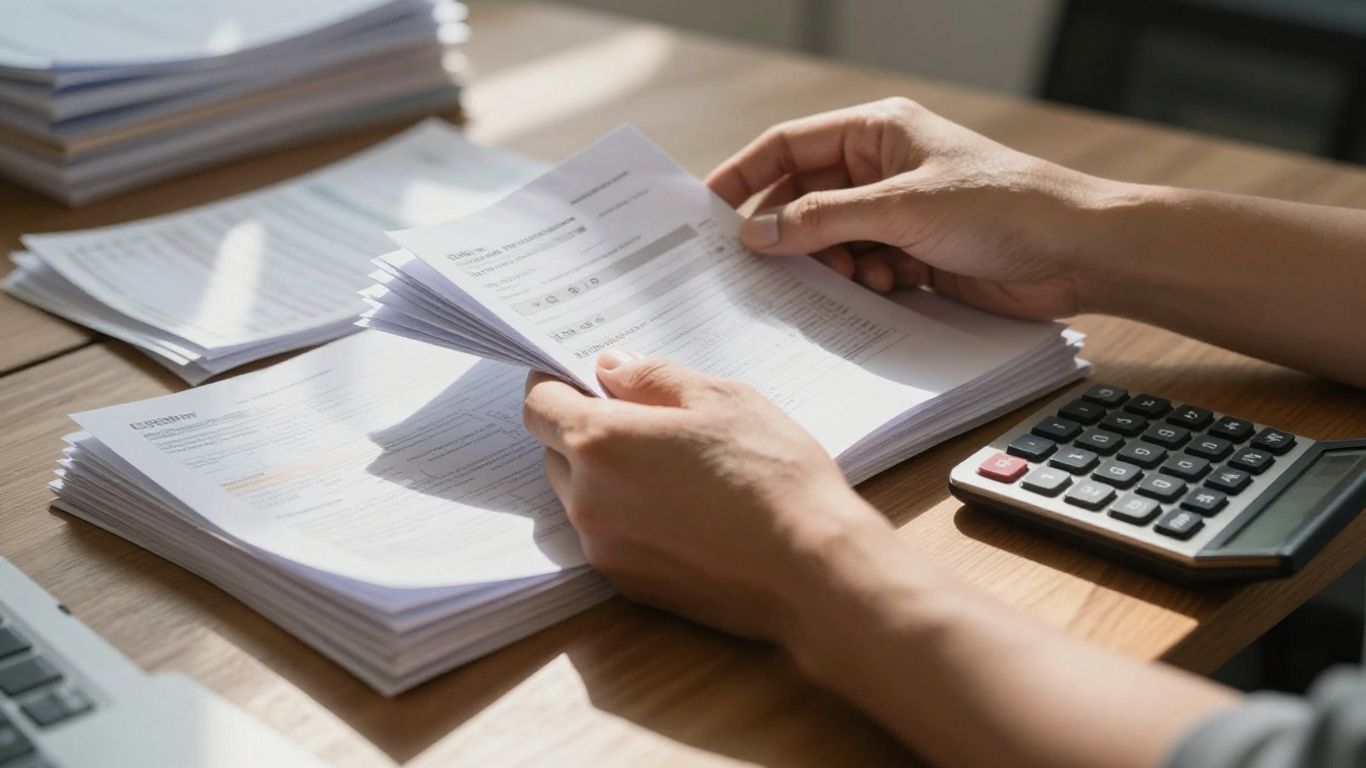 Hands organizing financial documents and receipts on a desk.