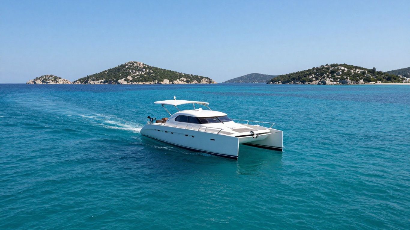 Catamaran sailing on clear turquoise waters near Croatian islands.