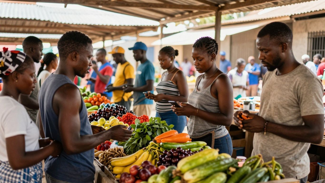 Oameni la piața locală cerând recomandări de la localnici.