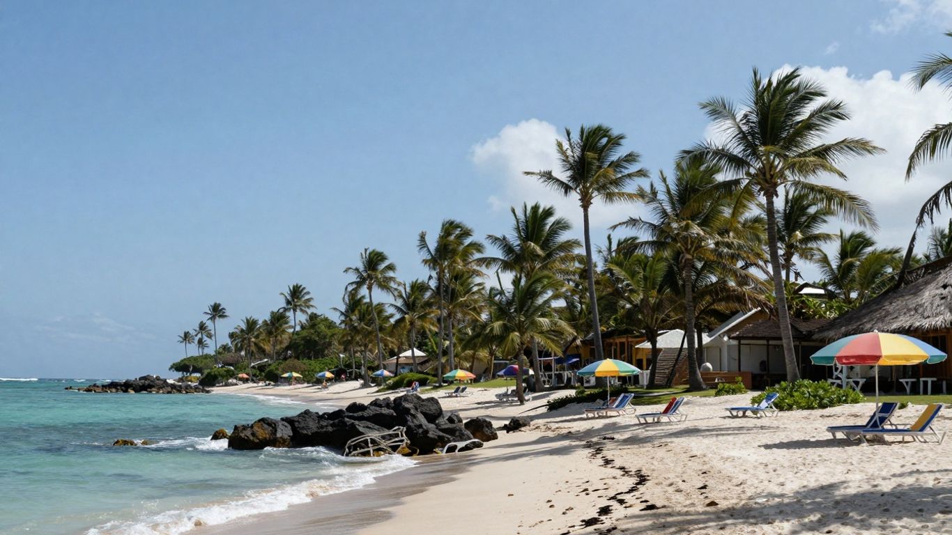 Sunny beach with palm trees and clear blue water.