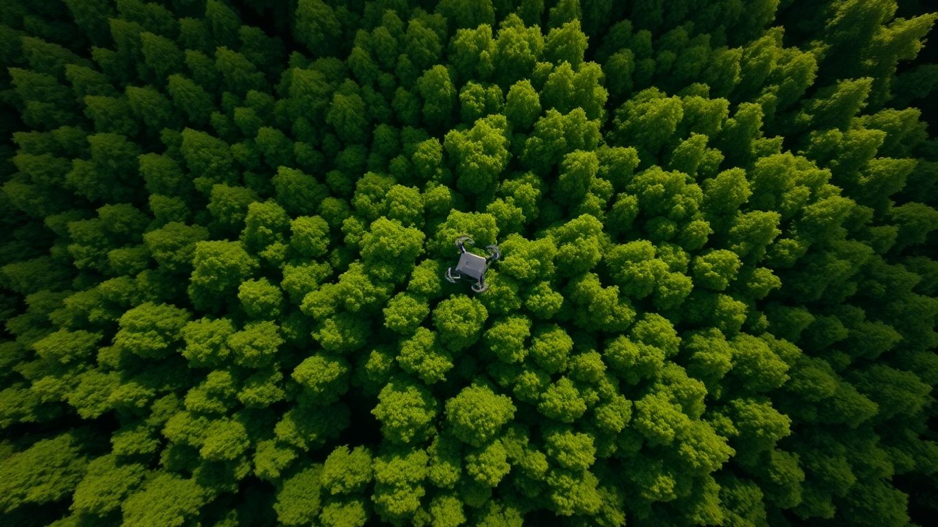 Drone surveying a lush forest canopy from above.