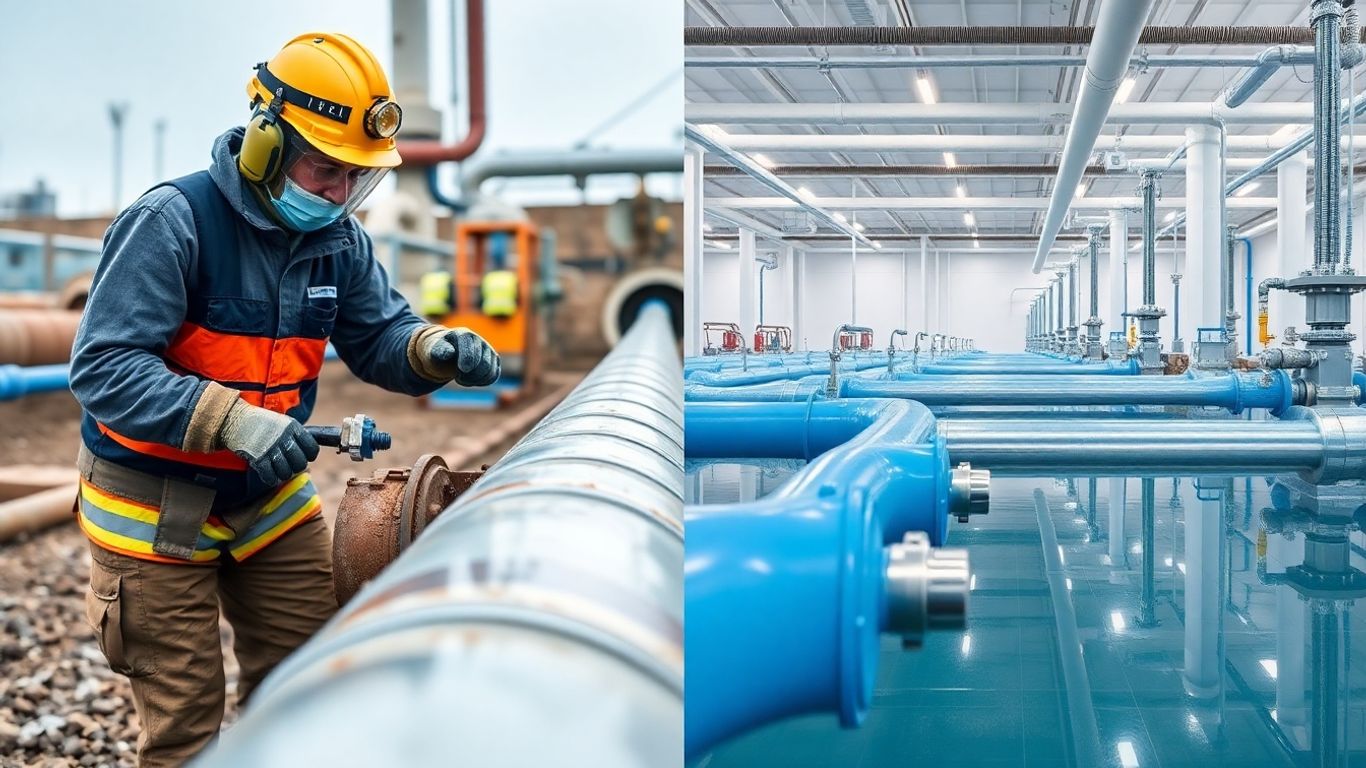 Worker operating machinery near water pipe, modern facility.