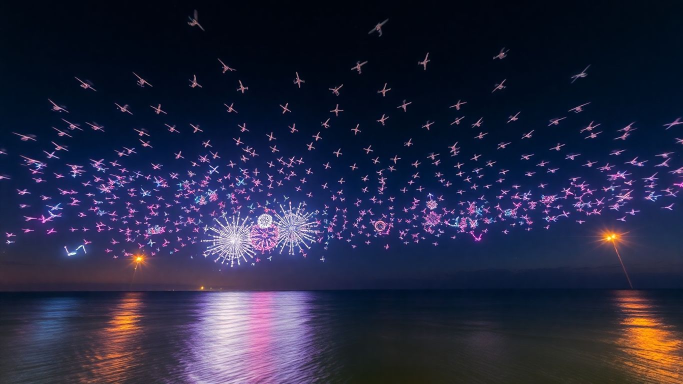 Drone show over Bali beach at night