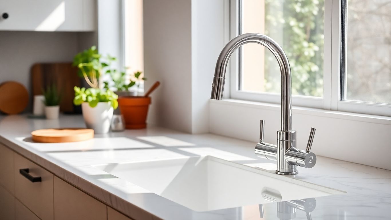 Modern kitchen with chrome tap and marble counter