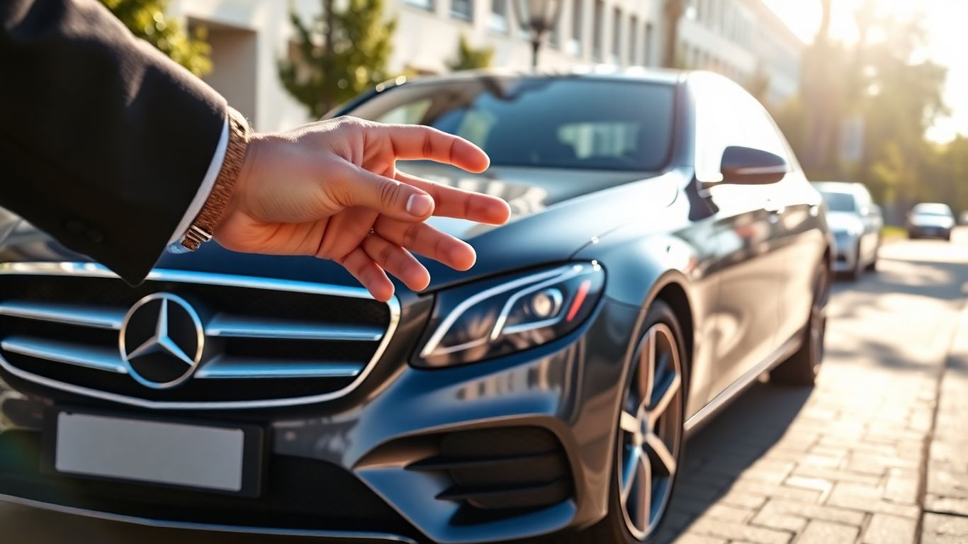 New Mercedes-Benz car with keys in hand.
