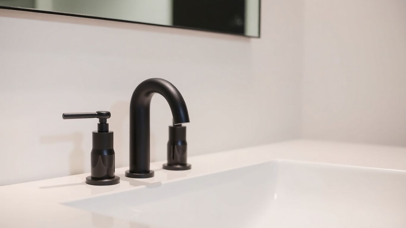 Modern bathroom with black taps and white sink.