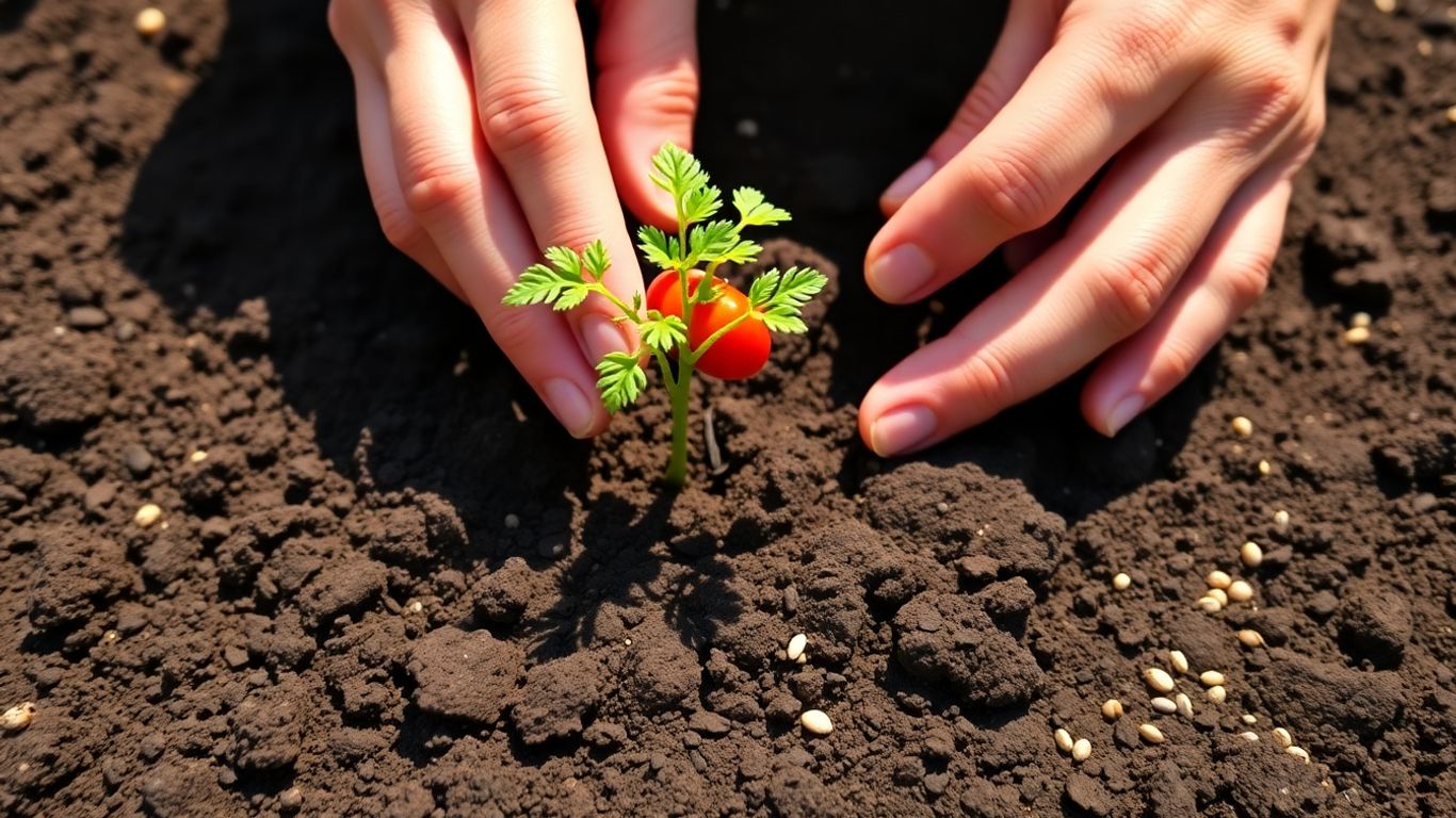 Gardener planting a tomato seedling in soil with seeds nearby.