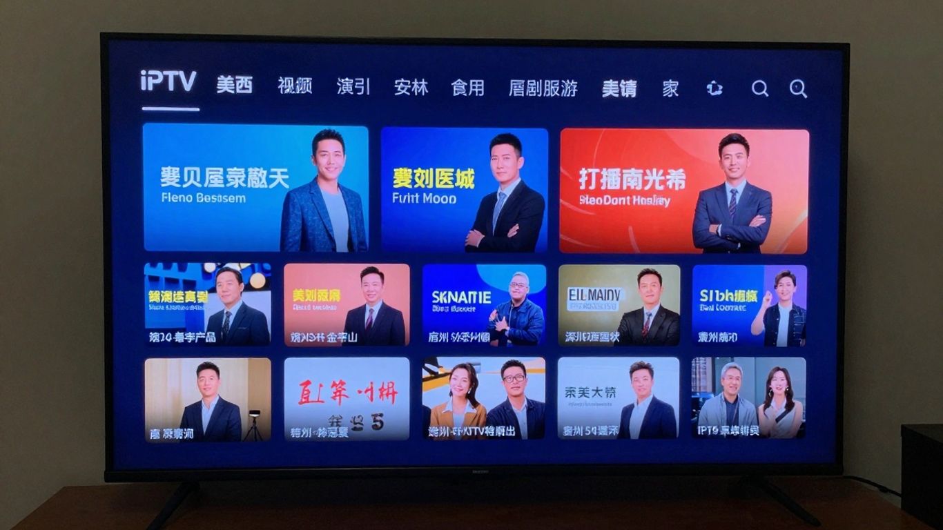 Television screen with live channels displayed.