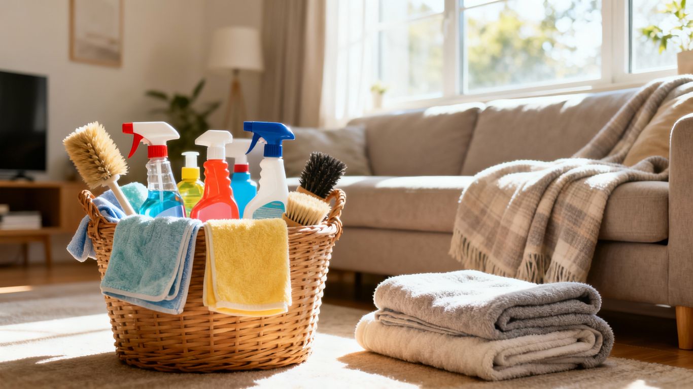 Cosy living room with cleaning supplies for winter.