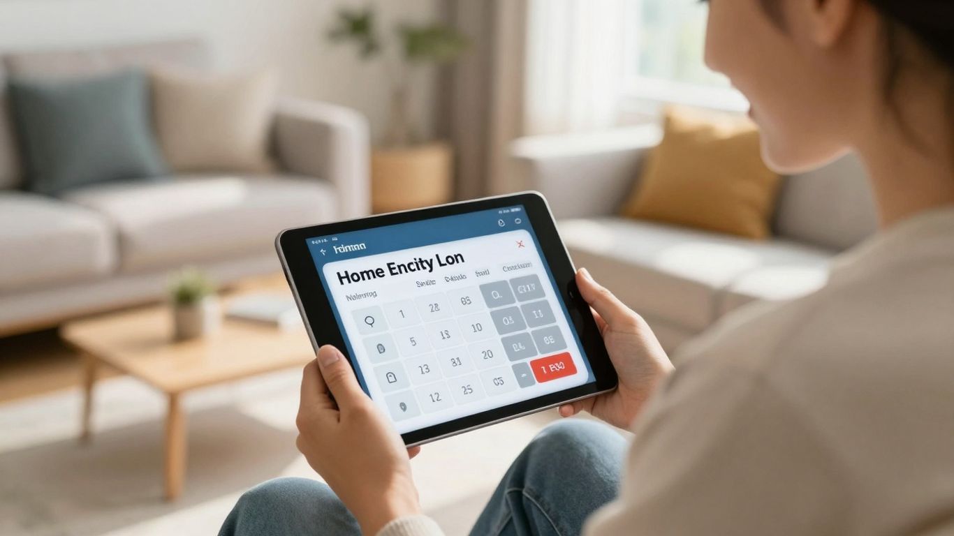 Homeowner using a home equity loan calculator on a tablet.