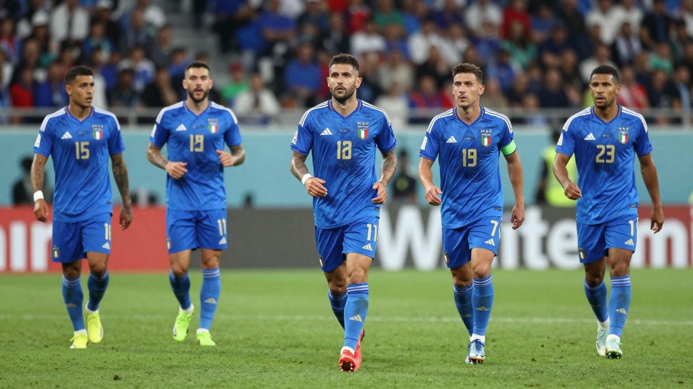 Italian national football team in blue kits on a green pitch.
