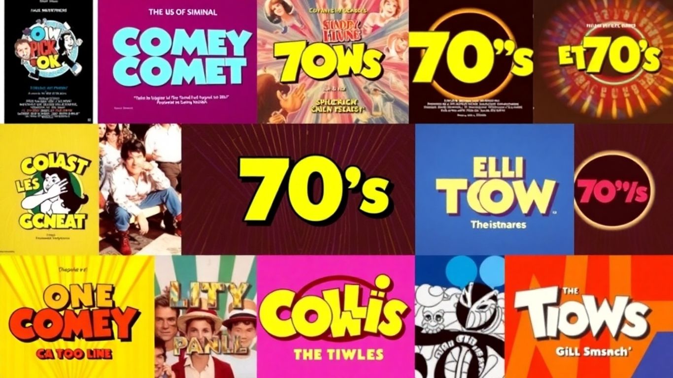 Collage of 70s comedy film and TV show graphics.