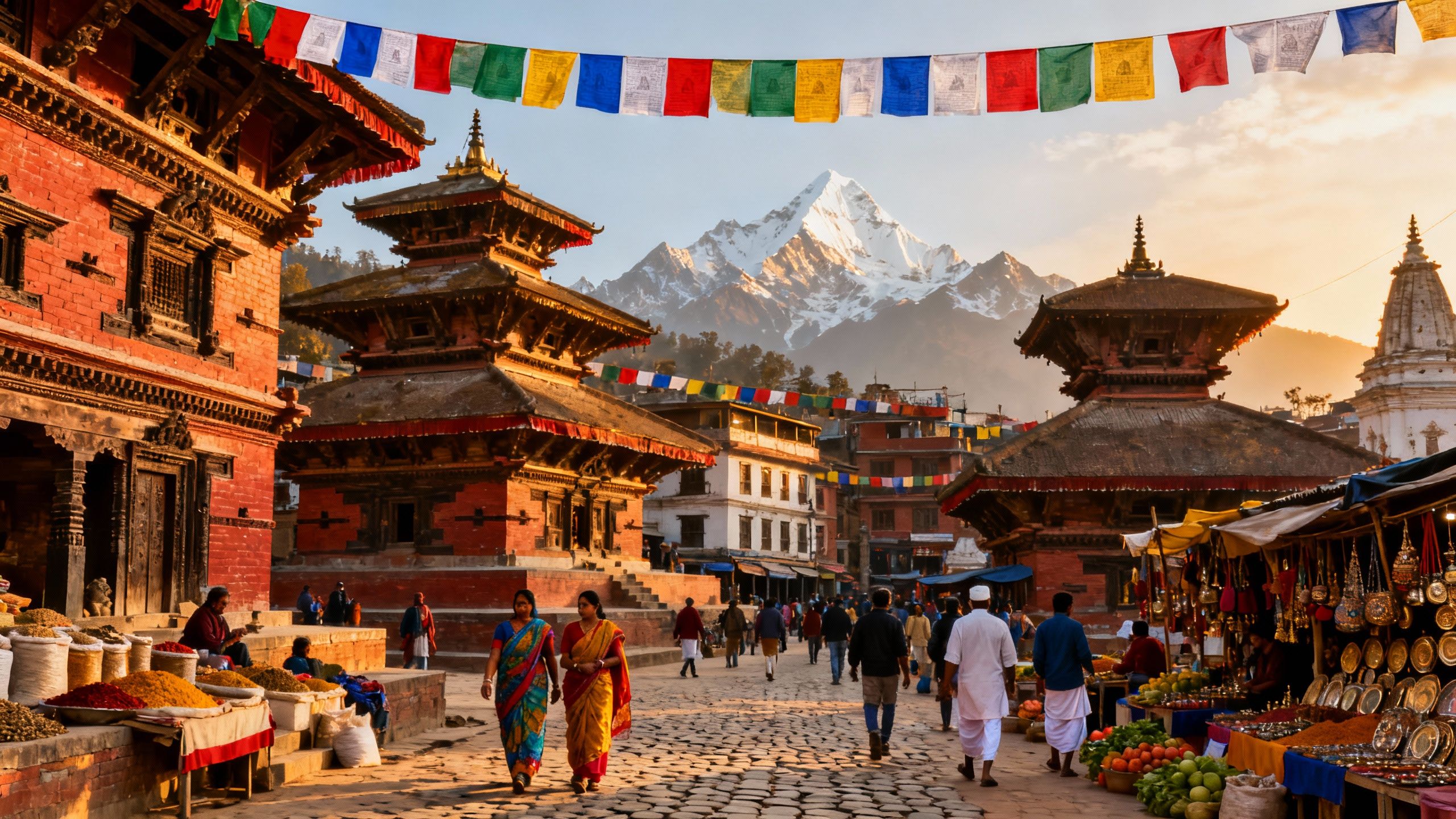 Kathmandu street with temples, prayer flags, and distant Himalayas.