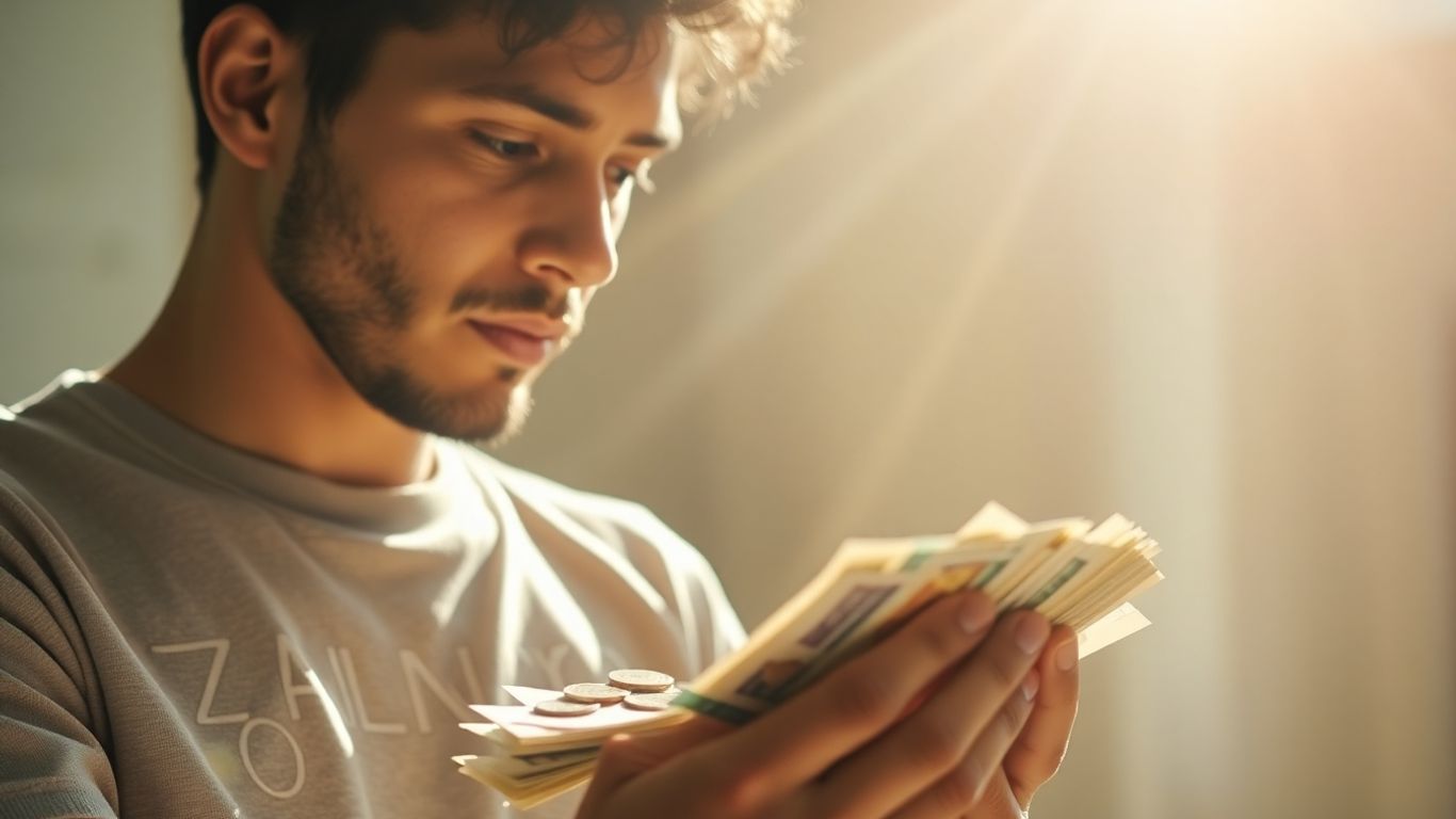 Person reviewing bills and coins with sunlight.