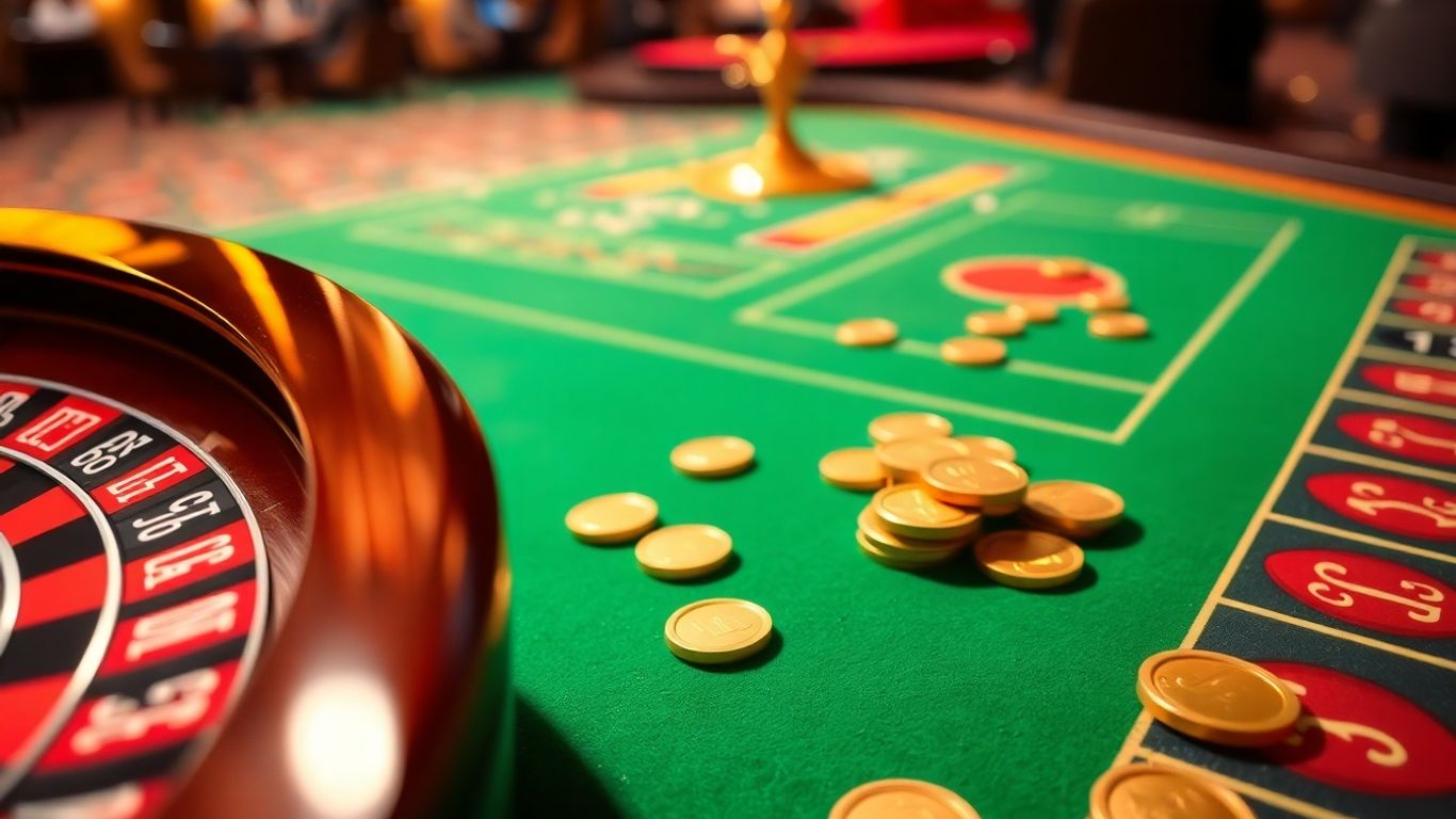 Roulette wheel with golden chips on casino floor