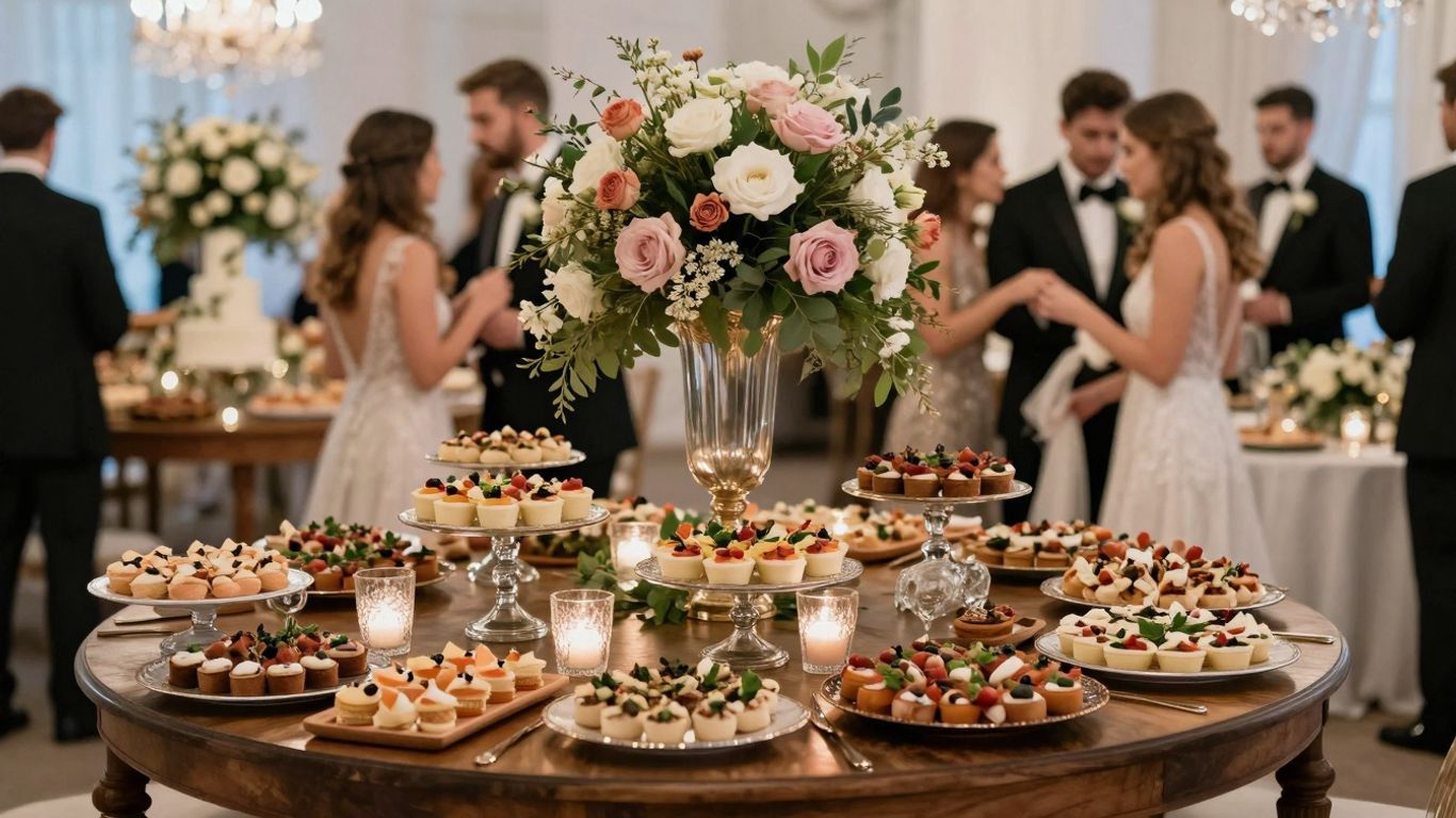 Elegant wedding reception with gourmet food and floral decorations.